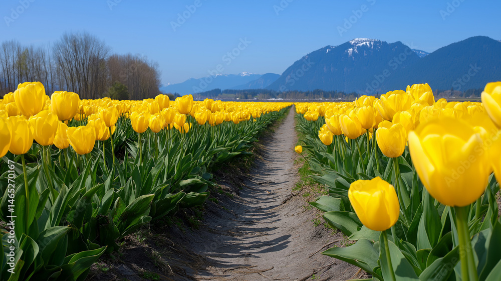 Vibrant tulip field and majestic mountains under clear sky
