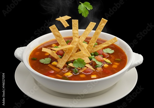 A steamy bowl of tortilla soup garnished with tortilla strips and cilantro on a black background