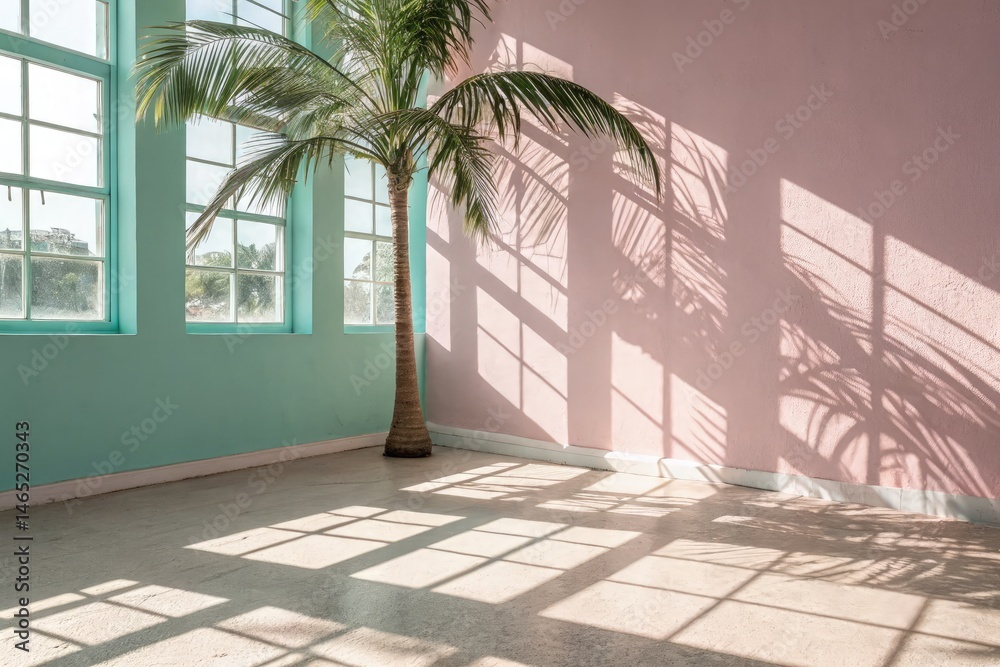 Soft Sunlight Casts Shadows on Pastel Walls and Floor Generative AI
