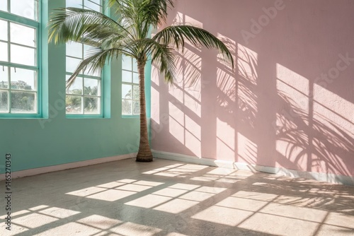 Obraz na płótnie Soft Sunlight Casts Shadows on Pastel Walls and Floor Generative AI w salonie