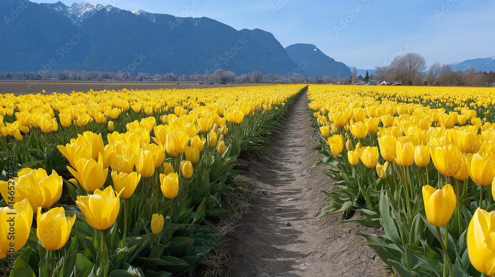 Vibrant tulip field under blue skies with distant mountains