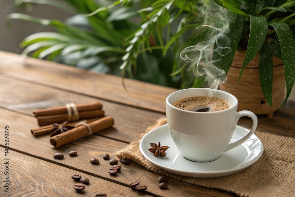 Steaming Cup of Coffee on Wooden Table With Spices Generative AI