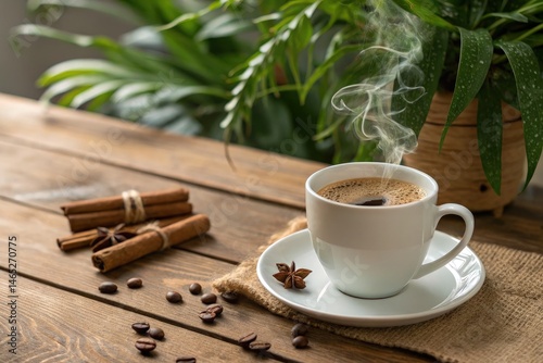 Obraz na płótnie Steaming Cup of Coffee on Wooden Table With Spices Generative AI w salonie