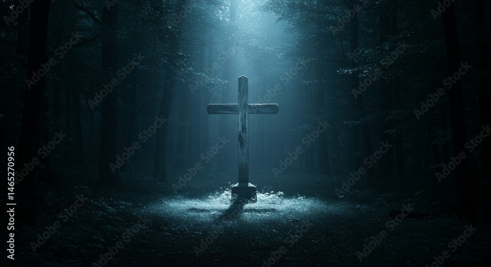 Naklejka premium Mystical Cross in Forest with Eerie Light Emphasizing Spirituality