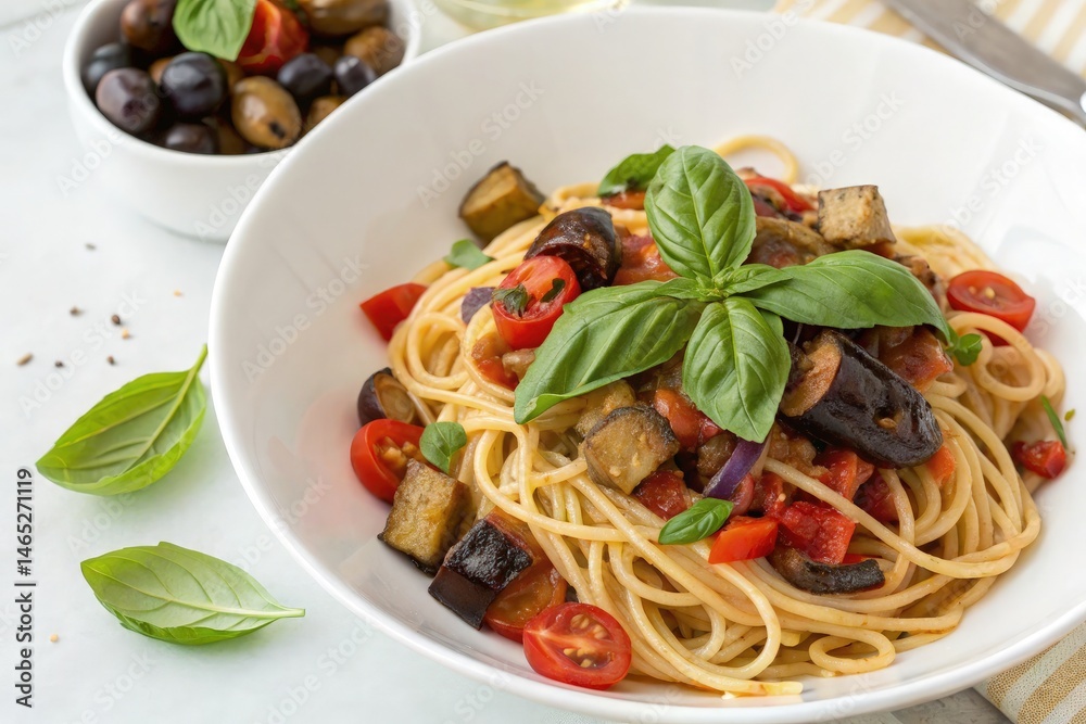 Caponata Pasta Topped With Fresh Basil and Cherry Tomatoes Generative AI
