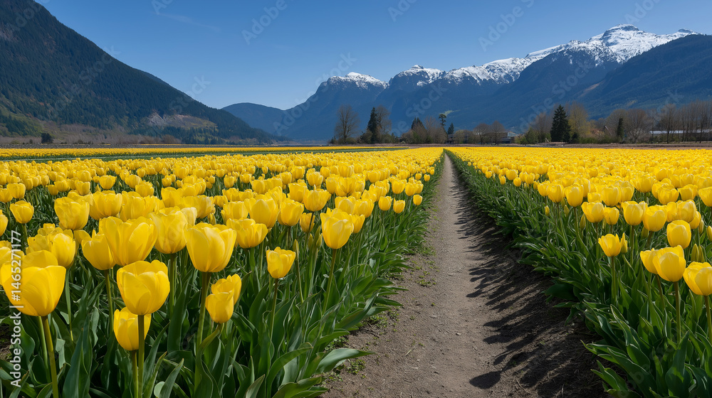 Vibrant yellow tulip field under a clear blue sky