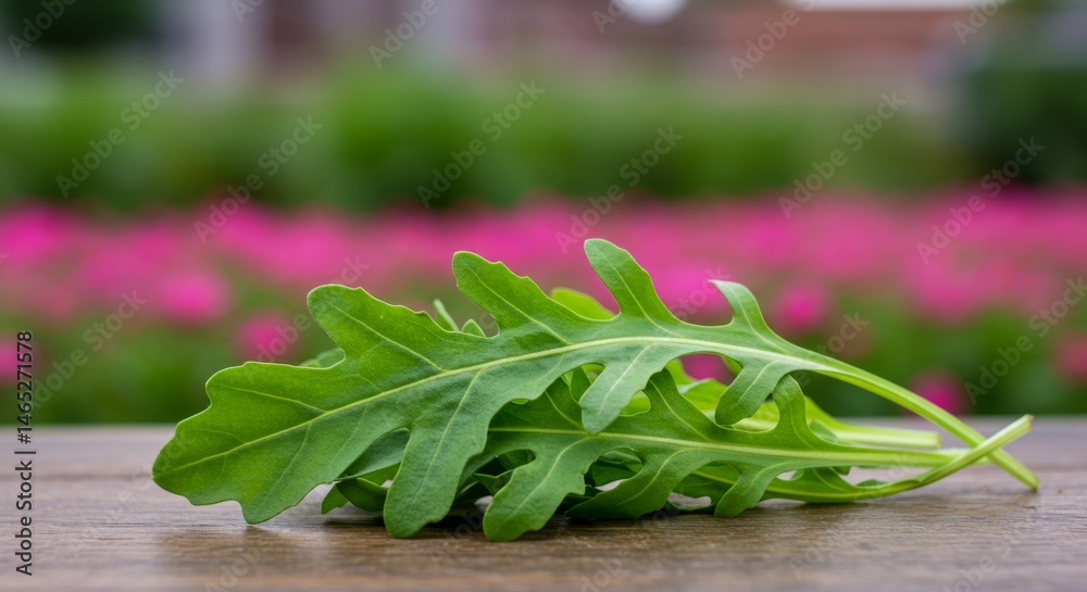 Obraz premium Fresh arugula leaves on rustic wooden surface, nature's bounty close-up shot