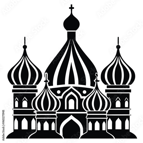 a detailed illustration of an iconic russian orthodox cathedral, intricate architectural features, onion-shaped domes, high contrasting black and white, detailed linework, minimalist style
