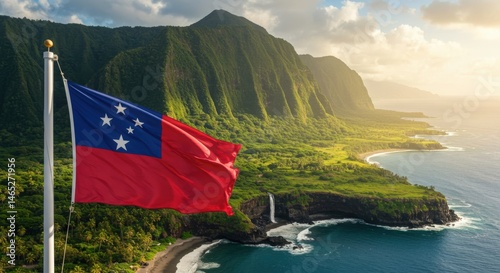 Waving Samoan Flag Symbolizing Polynesian Culture Against a Lush Volcanic Coastline with Water Features