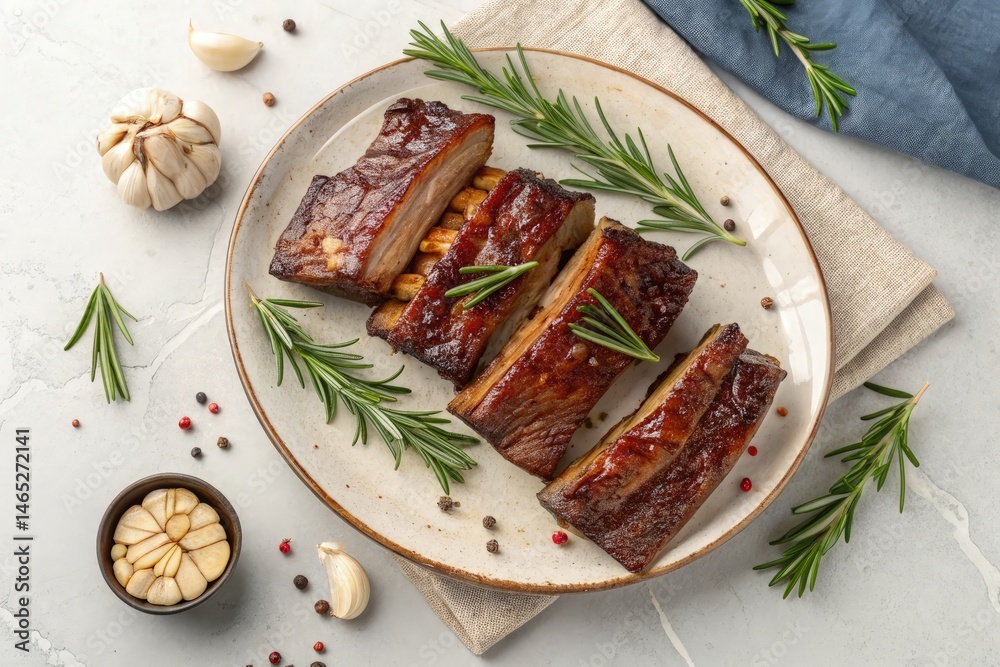 Smoked Beef Ribs Garnished With Rosemary and Garlic Generative AI