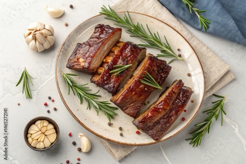 Obraz na płótnie Smoked Beef Ribs Garnished With Rosemary and Garlic Generative AI w salonie