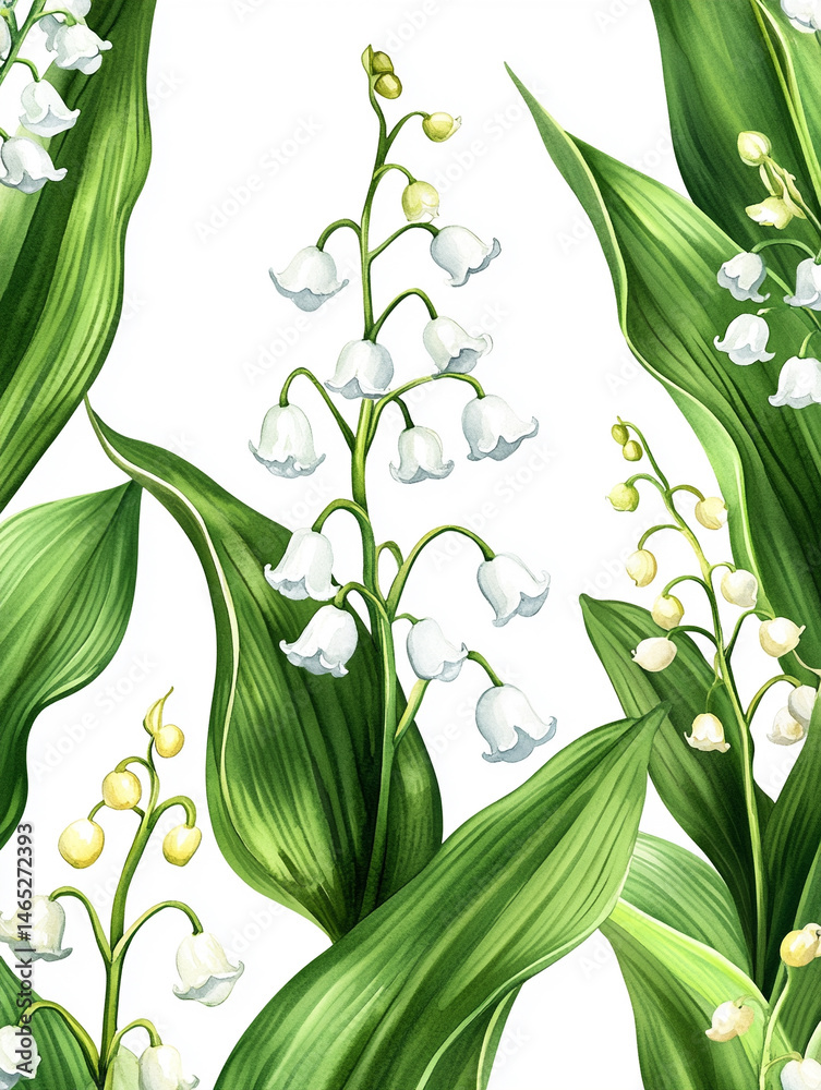 Obraz premium Seamless watercolor pattern featuring hand-painted lily of the valley flowers with green leaves. Symbolizes purity, renewal, and elegance in a timeless botanical design for art and decor.