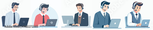 customer service support team working in front of computer style vector flat design