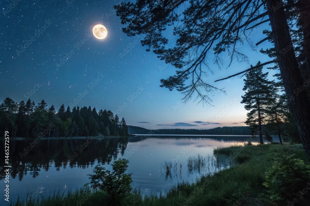 Tranquil Summer Night by the Lake With a Full Moon Generative AI