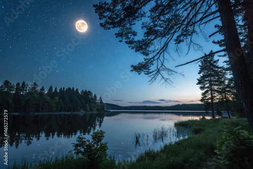 Obraz na płótnie Tranquil Summer Night by the Lake With a Full Moon Generative AI w salonie