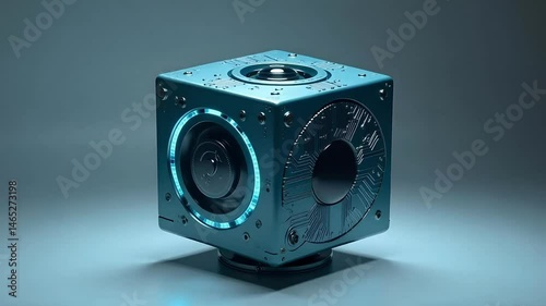 Futuristic Tech Cube Glowing Blue Light Abstract Technology Device Innovation Design