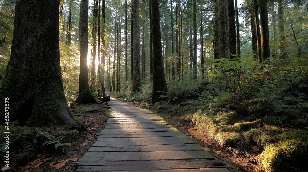 Serene sunset in a tranquil forest with winding wooden path