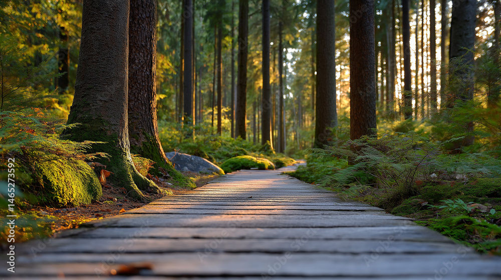 Serene forest path at sunset with golden light and shadows