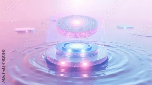 Serene Floating Platforms Glowing in Pink and Blue Water Abstract Background