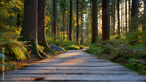 Obraz na płótnie Serene forest path at sunset with golden light and shadows w salonie