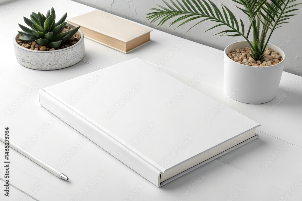Clean White Book Mockup on Minimalistic Workspace Surface Generative AI