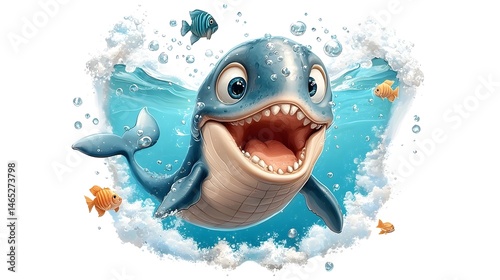 Joyful cartoon depiction of a friendly whale swimming happily in the vibrant blue ocean surrounded by bubbles and other marine life
