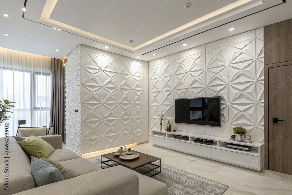 Modern Living Room Featuring White Geometric Wall Paneling Generative AI