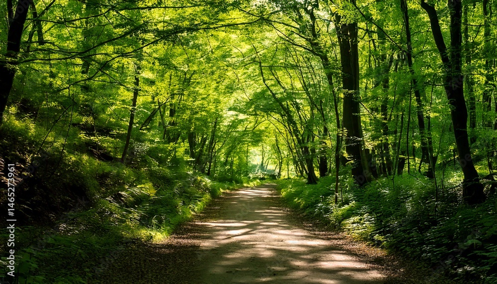 Fototapeta premium Camino bañado por el sol entre frondosos árboles verdes