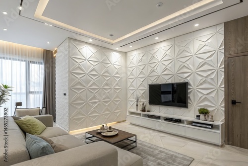 Obraz na płótnie Modern Living Room Featuring White Geometric Wall Paneling Generative AI w salonie