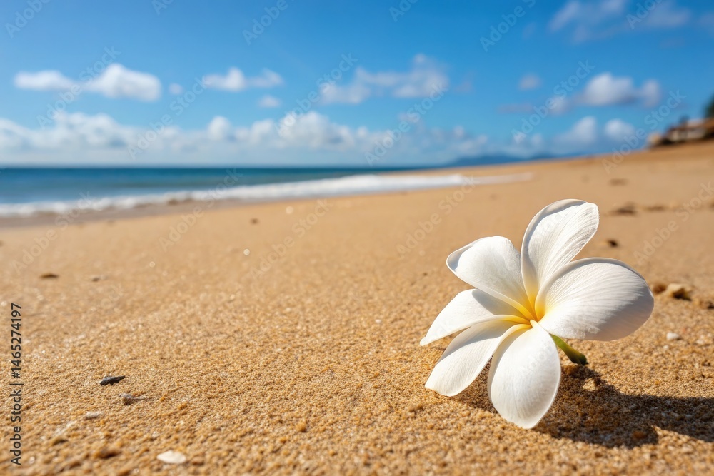 Plumeria Flower on Sandy Beach With Blue Sky and Ocean Generative AI