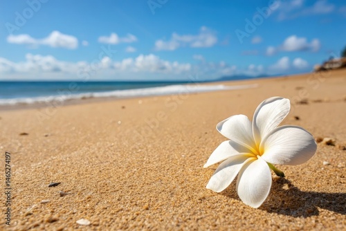 Obraz na płótnie Plumeria Flower on Sandy Beach With Blue Sky and Ocean Generative AI w salonie