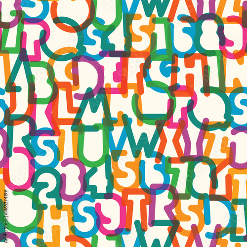 abstract vector color seamless pattern background with contours letters of simple, thick humorous geometric letterform font with holiday and party theme. Latin alphabet letters, numbers. Not used ai