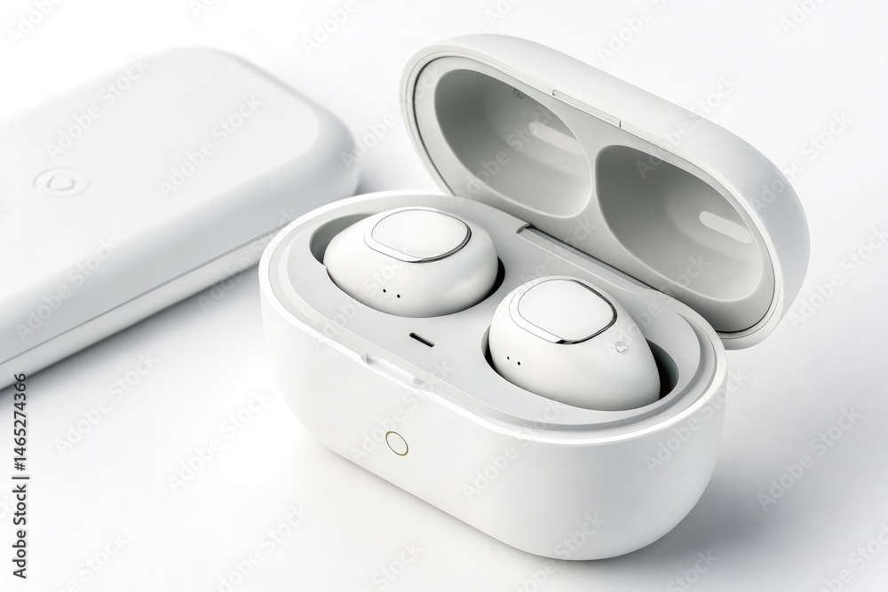 White Wireless Earbuds in Charging Case on White Background Generative AI