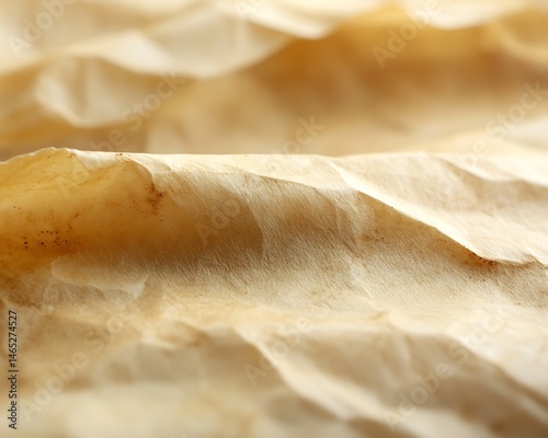 Closeup view of wrinkled, aged parchment paper. photo