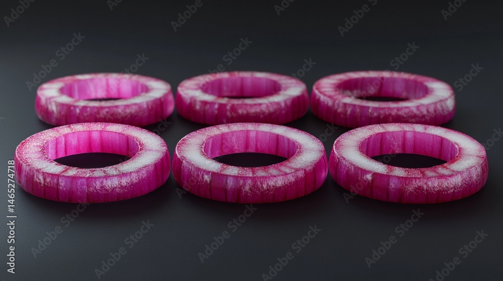 Colorful pink rings arranged artistically on a dark background, showcasing their unique design and texture, perfect for creative and modern projects in design and art.