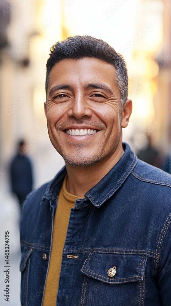 A smiling man with short hair and a denim jacket stands confidently on a vibrant street, radiating positivity and warmth in the heart of the city.
