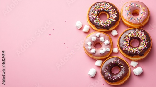 Delicious assortment of colorful donuts on a soft pink background, featuring chocolate frosting, sprinkles, and marshmallows, perfect for desserts or celebration themes.