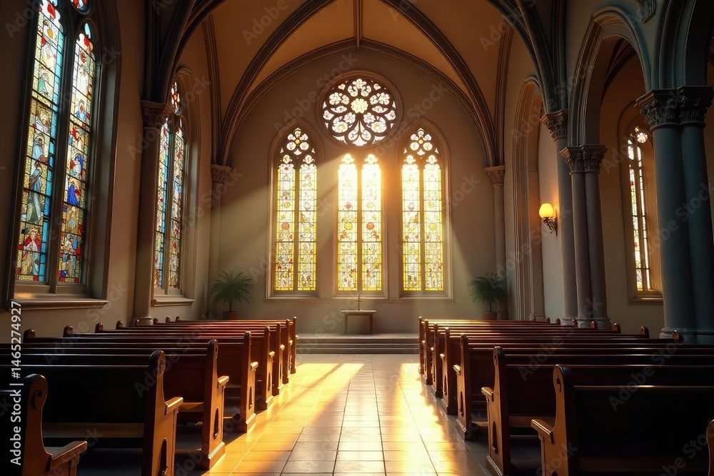 Fototapeta premium Serene church interior, sunlight streaming through stained glass windows illuminating a quiet prayer space , belief, sanctuary