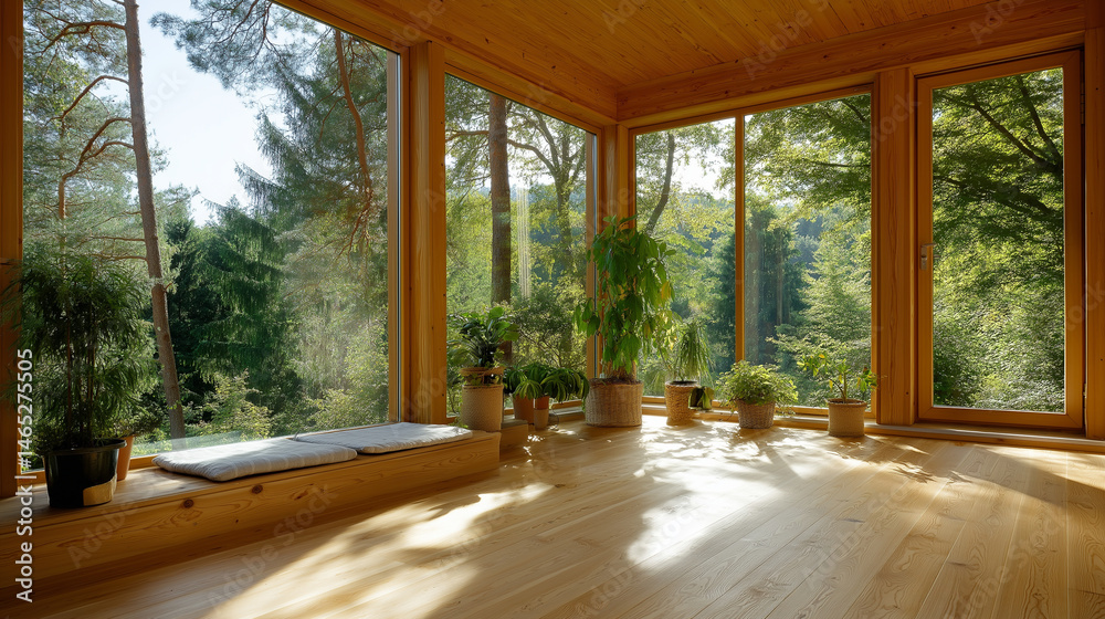 Cozy wooden room with forest view and warm sunlight