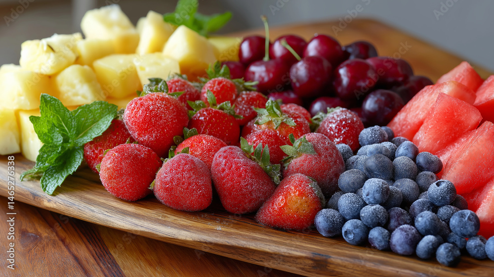 Vibrant summer fruit platter with fresh colorful fruits and mint leaves