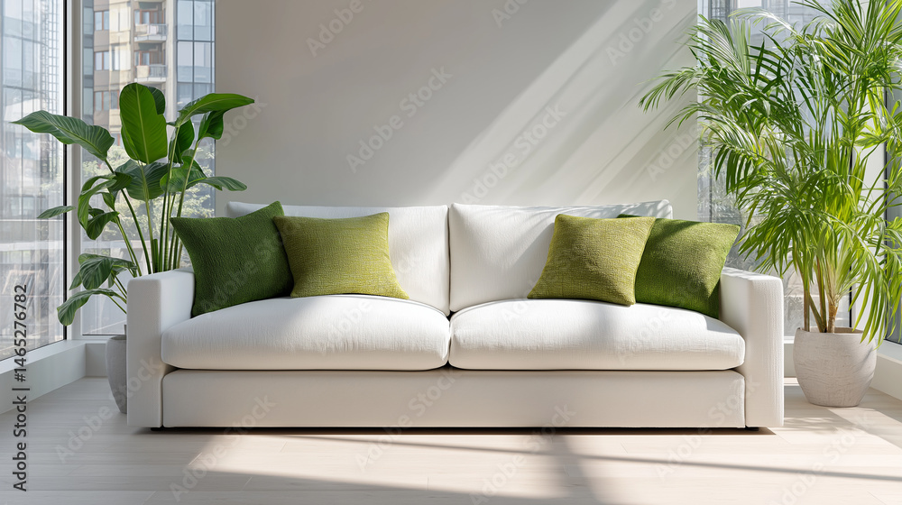 Inviting white sofa with green throw pillows in bright interior design