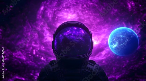 Anastronautinspacegearwithareflectivehelmet,setagainstavivid,purple-huedcosmicbackdrop.Earth,abluesphere,isvisiblenearby,creatingasenseofvastnessandwonderintheuniverse. photo