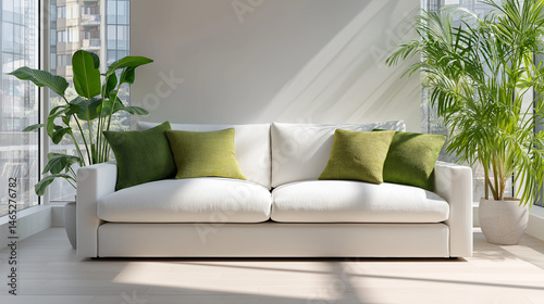 Obraz na płótnie Inviting white sofa with green throw pillows in bright interior design w salonie