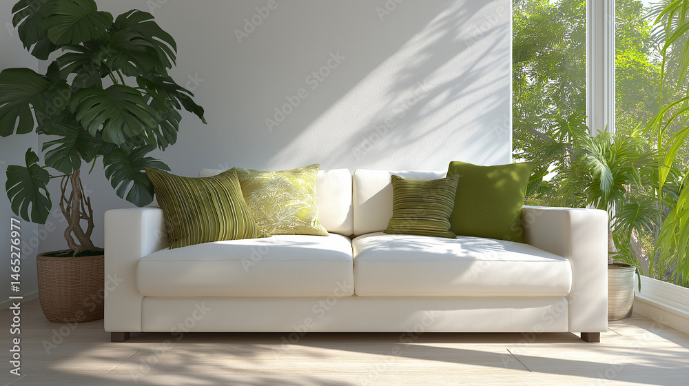 Inviting living room with plush white sofa and tropical plants