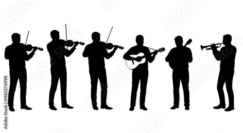 Silhouette musicians playing instruments white background