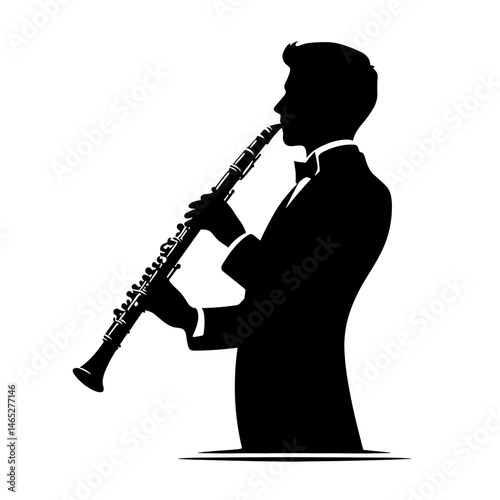 Silhouette musician playing clarinet against white background