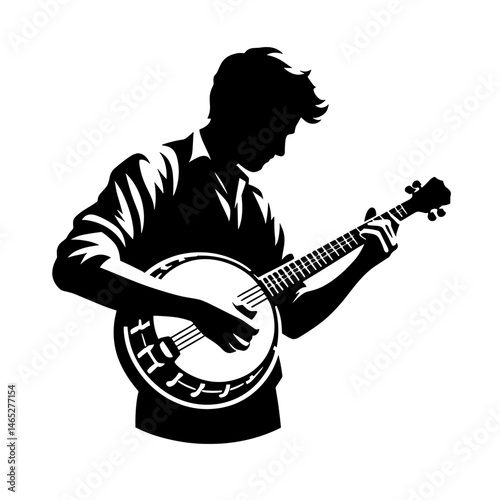 Silhouette of person playing banjo against white background
