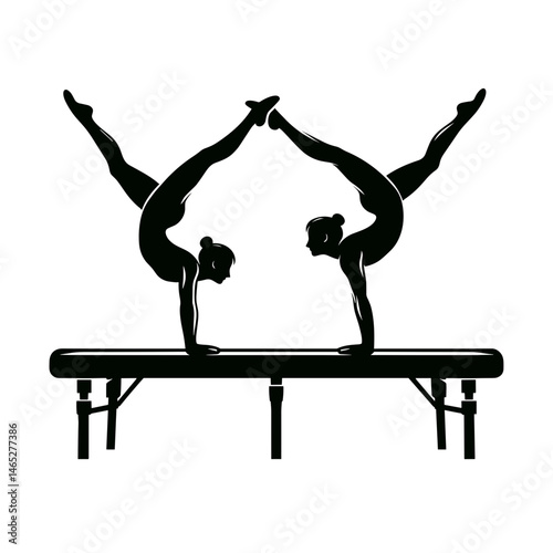 Gymnasts Balancing on Beam with Flexible Poses Gymnastic Equipment