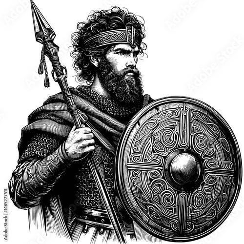 Medieval Warrior Holding Spear and Shield