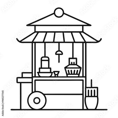A mobile food vendor or street food stall, an outdoor food cart with a canopy roof, cooking utensils, ingredients, and serving dishes, a traditional or Asian-inspired architectural style, 